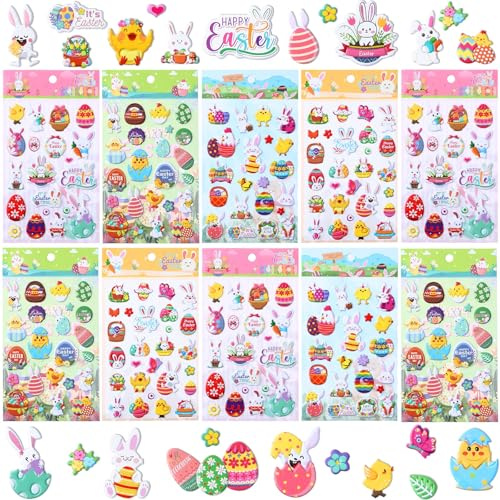 UPINS Ostersticker für Kinder, 10 Blatt 3D Osteraufkleber Niedliche Hasen Ostereier Sticker Schaum Ostern Sticker Dekorative Aufkleber für Ostern Partygeschenke Scrapbooking Kunsthandwerk Dekorationen