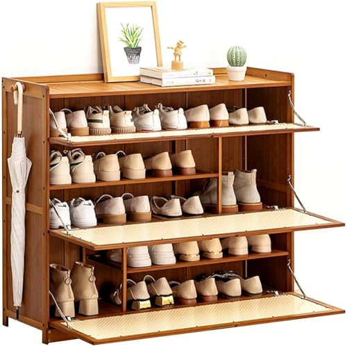 FDSGEEE Rattan-Schuhschrank, Schuhregal, schmaler Schuhschrank, freistehendes Schuhregal aus Holz, Bambus, Organizer für den Eingangsbereich, mit Klapptüren (Größe: 80 x 33 x 115 cm)