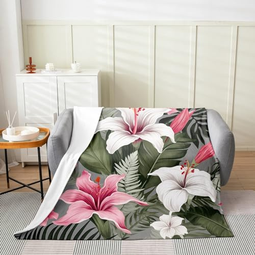 Erosebridal Pink White Lily Blanket Lily Floral Flowers Throw Blanket Tropical Palm Leaf Fleece Blanket Green Botanical Plant Fuzzy Blanket Home Room Decor Twin 60X80