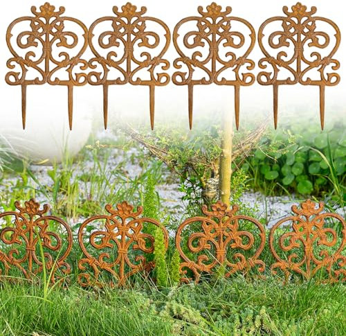 Sungmor Dekorative Garteneinfassung aus Gusseisen, 4 Stück, vollständig verrostete viktorianische Garteneinfassung, Landschaftsumrandung, Vintage-Metall, Hofpfahl, niedriger Lattenzaun, 30 cm hoch,