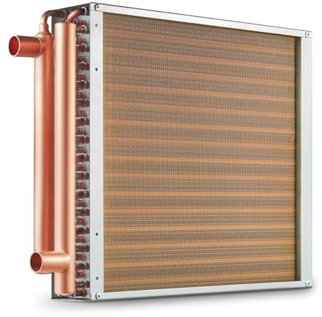 VEVOR Échangeur de chaleur eau-air, 40,6x40,6 cm, échangeur thermique, 3 rangées ports en cuivre, 193 ailettes aluminium pour four à bois extérieur, refroidissement résidentiels, chauffage à air pulsé