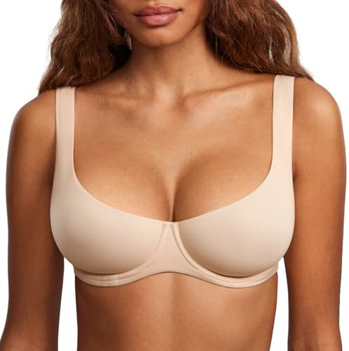 DOBREVA Women's Unlined Balconette Bra Scoop Neck | Underwire, Smooth, Plus Size, Adjustable Wide Straps, Double Layer Cup