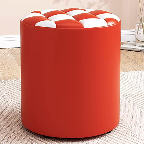 Moderner runder Leder-Fußhocker, Ottomane für Wohnzimmer und Schlafzimmer, Rot und Weiß, 31 x 35 cm