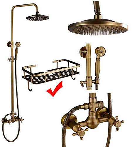 Sywlwxkq Shower System Brass Antique Shower Faucets Set Porcelain Ceramic Shower Column Swivel Rotate Bath Spout Dual Knobs Mixer Tap Bath Shower Kit,Antique Brass A02