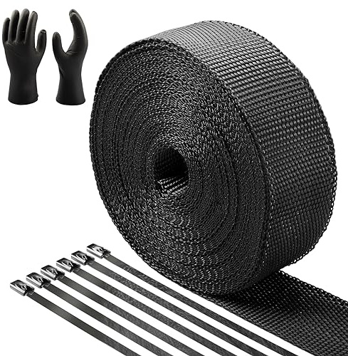 CARDI Auspuff Hitzeschutzband Schwarz 5CMx10M Dicke 2MM Basaltfaser Auspuffband mit 10PCS Edelstahl Kabelbinder und einem Paar Handschuhen für Motorrad und Auto
