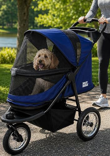 Pet Gear No-Zip Jogger Pet Stroller for Cats/Dogs, Zipperless Entry, Airless Tires, Easy One-Hand Fold, Cup Holder + Storage Basket, Navy