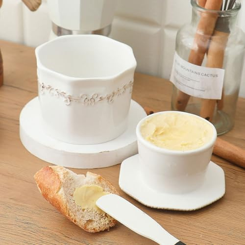 Mantequera Grande con Tapa, Vasija de Cerámica para Mantequilla, Mantequillera Francesa con Recipiente para Mantequilla con Agua y Cuchillo para Untar para Cocina Casera, (Blanco)