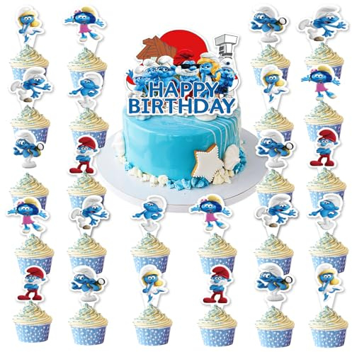25 Stück Schlümpfe Tortendeko, Smurfs Tortendeko Set, Schlümpfe Kuchen Deko, Cartoon Tortenfiguren Set Kinder Party Geburtstag Kuchen Dekoration für Mädchen Junge