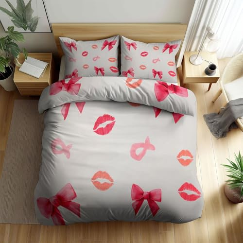 Set di Copripiumino Fiocco con Stampa Decorazioni Dolci Copripiumino con Cerniera per Ragazze, Ragazzi e Adolescenti Stile Cuore Femminile Copertura del Piumone 180 x 220 cm