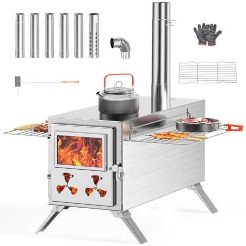 Ytaoeo Camping Tent Stove with Chimney, Wood Burning Stove (Stove XL) | Stainless Steel, Portable Folding Hot Tent Stoves with 7 Chimney Pipes for Outdoor, Camping, Cooking, BBQ, Hiking, Fishing