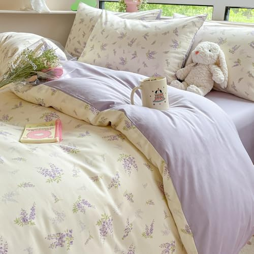 Nyescasa Duvet Cover Double White Purple Floral Flowers Botanical Meadow Bedding Set Purple Lavender Flower Print Microfibre Comforter Cover 200x200 cm with Zipper Closure and 2 Pillowcases 50x75 cm