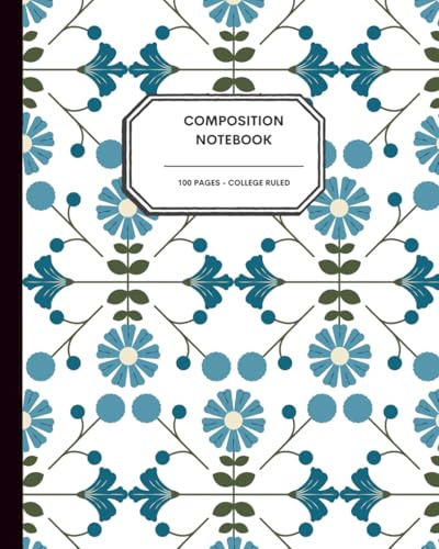 Scandinavian Folk Art Cornflower Notebook – 8x10” – 100 College Ruled Pages – Traditional Nordic Blue Floral Pattern on White for Writing, Journaling & School