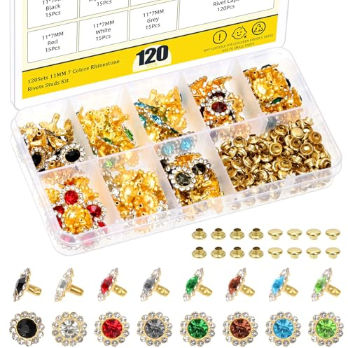 Mardatt 120Pcs Rhinestone Rivets Studs Kit, 11mm Sun Flower Crystal Rivets, Mixed Colors Leather Rivets Studs Buttons Diamond Spots Studs for Clothing Shoes Repair Decoration Leather Craft