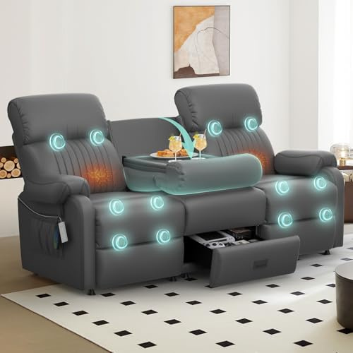 BareTay 3 Seater Recliner Sofa Recliner Chair Reclining Loveseat with Massage & Heat, Flip-Down Console with Dual Cupholders Drawer Side Pockets Reclining Chairs Couchesfor Living Room