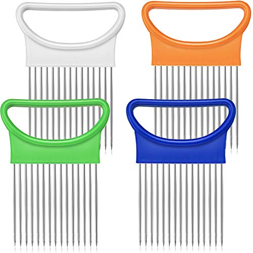 4 Pieces Onion Holder Slicer Stainless Steel Vegetable Tomato Holder Slicer Cutter for Kitchen Worker Safety Cooking Tools, 4 Colors
