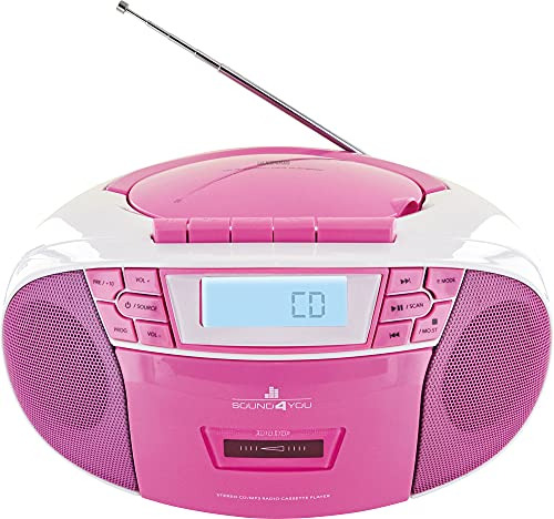 SCHWAIGER 661668 CD-Player mit Kassette und Radio MP3 USB Anschluss FM Radio AUX Kopfhörer Boombox Netz- und Batteriebetrieb Display tragbar pink