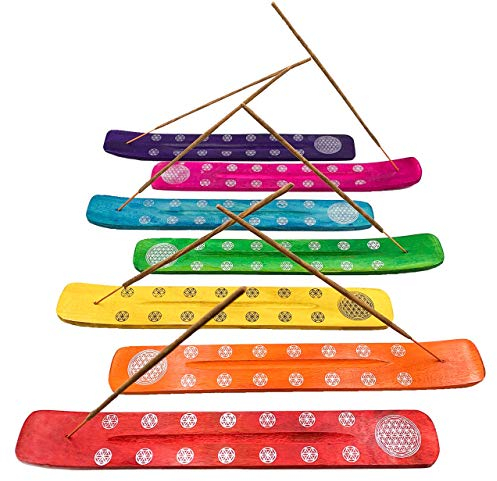 Pack x 7 - Quemador de Incienso (incensario). Incienso Soporte de Madera. 7 Diferentes y únicos Colores Chakras con diseño de la Flor de la Vida. Hechos a Mano en India.