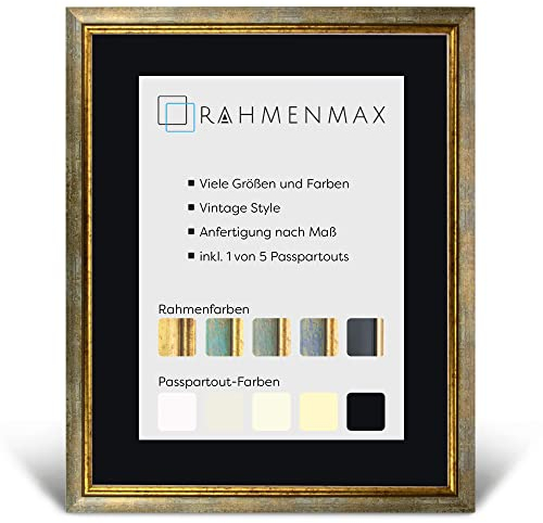 RahmenMax® Elsass Bilderrahmen Vintage Holz 60x80 cm mit Passepartout passend für Bild 50x65 cm/Maßanfertigung möglich/Rahmen Farbe: Türkis-Gold, Passepartoutfarbe: Schwarz