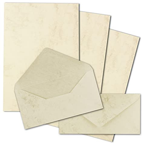 25x Briefpapier Set DIN A4 mit DIN Lang Briefumschlägen, Nassklebung - Chamois Marmoriert (Cremefarben) - mattes Schreibpapier mit Kuverts - FarbenFroh by GUSTAV NEUSER