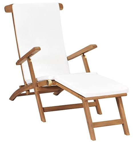 MOONAIRY Liegestuhl mit Auflage, Sonnenliege Balkon, Gartenliege, Strandliege, Relaxliege Garten, Saunaliege, Cremeweiß Massivholz Teak