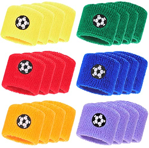24 Stück Kinder Sport Armbänder Fußball Bunt Handgelenk Schweißband Schweißarmband Fußball Design Sport Party mitgebsel für Jungen Herren Geburtstag Outdoor Baseball Basketball Aktivität, 6 Farben