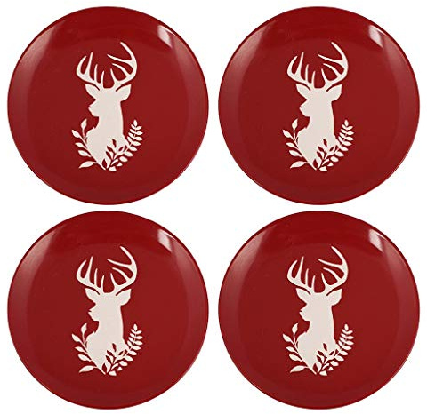 Dibor Side Plate Set of 4 Red & White Reindeer Christmas Dinnerware Set | Dishwasher Safe, Microwave Safe, Dinnerware Set, Hand Painted, Stoneware, Crockery
