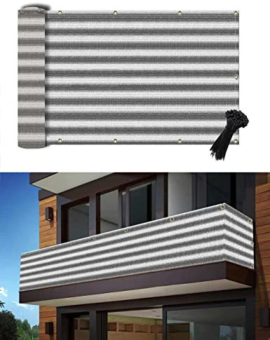 POYEE Frangivista Balcone 90x500cm, Telo Impermeabile Copri Privacy Balcone Esterno con Protezione UV, per Appartamenti e Giardini, con Fascette e Protezione Frangivento, Grigio Bianco
