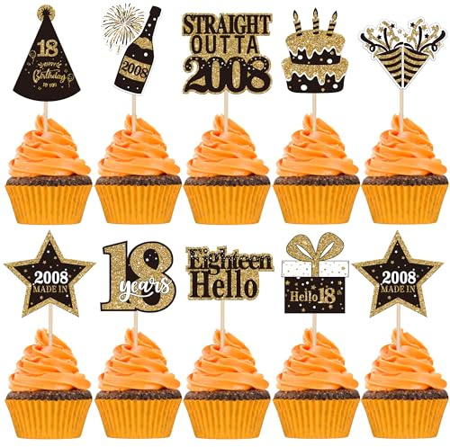 Xsstarmi 36 Pack Happy 18th Birthday Cupcake Toppers Double Sided Eighteen Hello 18 Straight Outta 2008 Cupcake Picks 18 Fabulous Cheers to 18 Years Cake Decorations for 18th Birthday Party Supplies