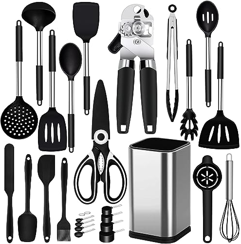 Küchenhelfer Set, 26 Stück Silikon Küchenutensilien Set, Hitzebeständiger Kochgeschirr mit Utensilienhalter, Silikon Pfannenwender Kochlöffel Antihaft Spachtel, BPA Frei, Spülmaschinenfest, Schwarz
