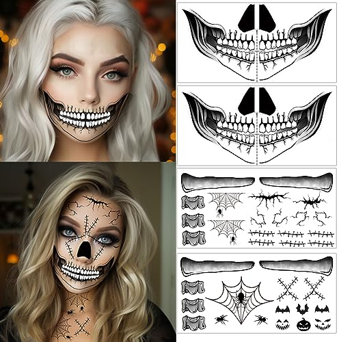 ENYACOS 4x Totenkopf Tattoos zum Aufkleben für das Gesicht, Halloween Mund Tattoo, Zombie Gesichtstattoo, Schminke, Accessoires (A)