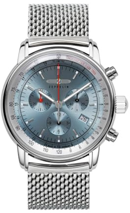 Zeppelin LZ 14 Marine Quarz Chronograph (42 mm) Eisblaues Zifferblatt/Edelstahl-Mesh-Armband 8886M-3