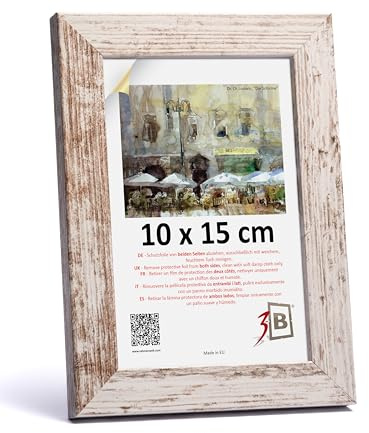 3-B Bilderrahmen HIT - Weiß Rustikal (optisch gealtertes Weiß mit sichtbarer Holzmaserung) - 10x15 cm - Holzrahmen, Fotorahmen, Portraitrahmen mit Acrylglas
