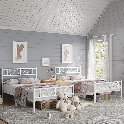 Yaheetech 2er Set 90 x 200 cm Metallbett Minimalistischer Bettrahmen mit Kopfteil Gästebett mit Lattenrost für Schlafzimmer Weiß