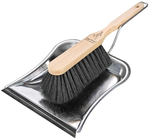 Peggy Perfect Premium Kehrgarnitur, Kehrset mit Buchenholz Handfeger, Edelstahlschaufel und angespitzter Gummilippe. Handbesen mit dichter Kunsthaarmischung. Schaufel und Besen ineinander steckbar.