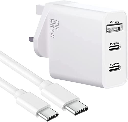 65W USB C 3-Port Fast GaN Charger for Motorola Edge 50 Pro/Edge 50 Ultra/Edge 50 Fusion, Wall Power Adapter with Dual USB C and USB A Charging Ports + USB C to C Data Cable (WHITE)