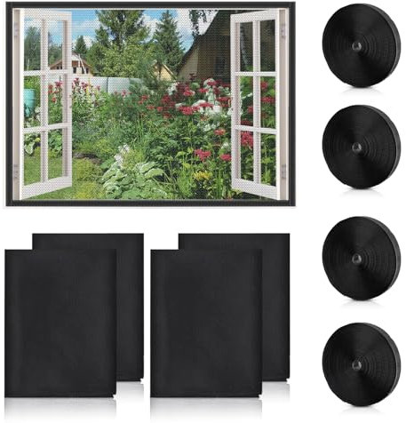 4/6 Pcs Fliegengitter Fenster 130x150cm, Mückennetz Fenster mit Selbstklebendem Klebeband, Fliegengitter Zuschneidbar,DIY Insektenschutz Fenster Netz, Kein Bohren (4Pcs-130x150cm,Schwarz)