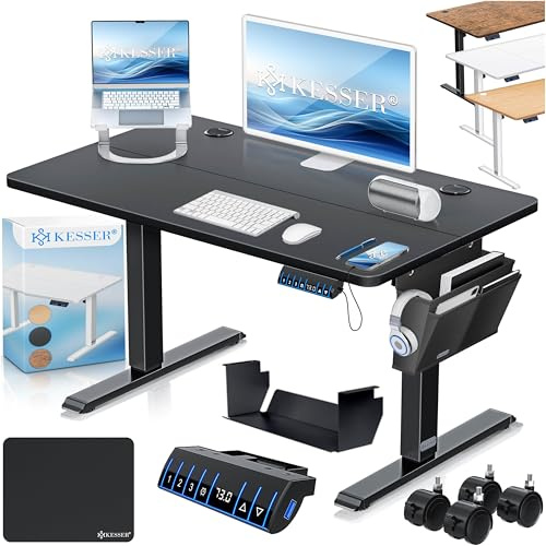KESSER® Höjdjusterbart elektriskt skrivbord 100 x 60 cm, ergonomiskt höj- och sänkbart skrivbord, 3-funktions-minnesstyrning, inkl. 360° hjul och USB-laddningsport, datorbord för hemmakontor