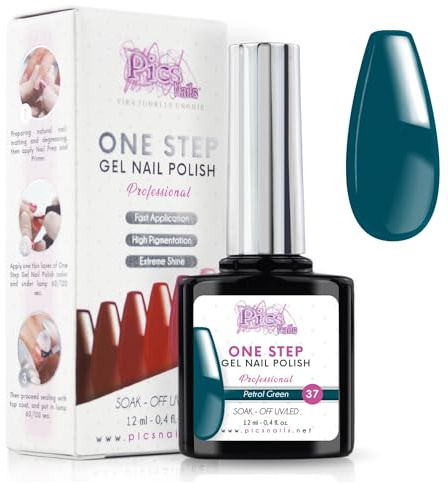 Vernis Semi Permanent UV/Led One Step 12 ml - Vert Pétrole - Effet Ongles foncés mais très brillants Avec ou Sans Base et Top Coat