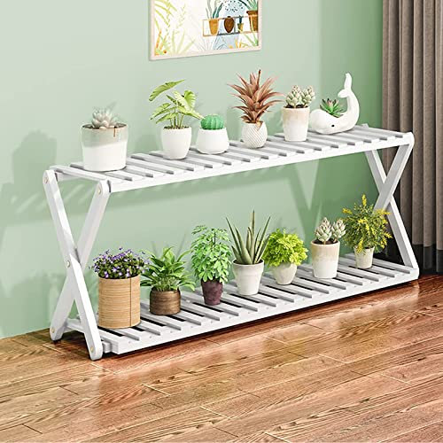 ZTZBFGM Weiß,47 * 25 * 50 cm, Bambus Pflanzenständer, 2 Ebenen Blumenregal Blumenständer Pflanzentreppe Blumenbank Dekorativer Pflanzenständer Für Blumentöpfe Für des Balkons (X-Kreuz-Design)