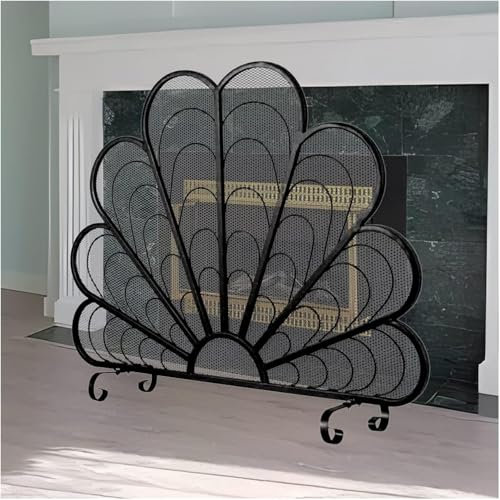 Kindersicherer Kaminschutz, einteiliger Flacher Feuerschutz aus Metallgitter mit eleganter Pfauenfederform, Holzofen/Herd/offenes Feuer, modern, Schwarz