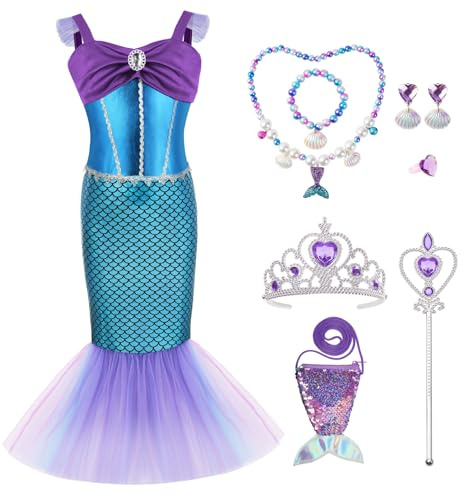 AYBUY Sjöjungfru kostym för barn, sjöjungfru flicka kostym med tillbehör till älvstav, prinsessklänning för barn för cosplay, 150 cm