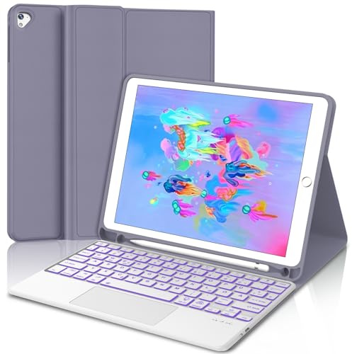 WINCHKING iPad 6 Generation Hülle mit Tastatur - Tastatur mit Touchpad für iPad 6th/5th Generation 2018/2017 9,7 Zoll, Abnehmbare Kabellose QWERTZ Layout, 7 Farben Beleuchtete (Lavendelviolett)