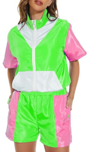 NaLatia Survêtement de sport des années 80 pour femme - Rétro - Manches courtes - Veste et short - Coloré - Hip-Hop Disco - Tenue des années 80 et 90