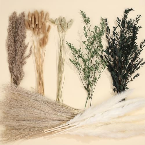 68 Stück Pampasgras Deko natürlich getrocknete Pampas mit klein Eukalyptuszweige, Trockenblumen, Hasenschwanzgras - für Wohnkultur, Schlafzimmer Trockenblumen Deko