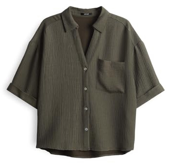 OPUS kortärmad blus för kvinnor | skjortblus Fiora lös i crinkle-look, Olivblad, 44