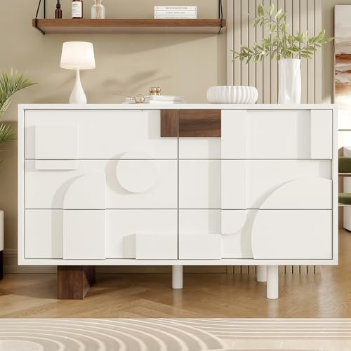 Seyakany Buffet Moderne avec Portes au Design géométrique, sans poignées, tiroirs avec Fonction Push-to-Pop, adapté à la Salle à Manger, au Salon, Pieds en Bois Massif, Blanc