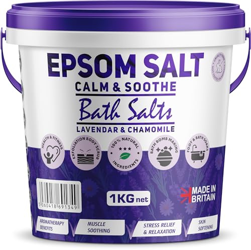 Scented Epsom Bath Salts 1kg Infused with Lavender Chamomile Essential Oil, 100% Natural Mineral Salts - Supports Sleep and Relieves Aching Muscles Magnesium Sulphate Foot Soak Bath Epsom Salts
