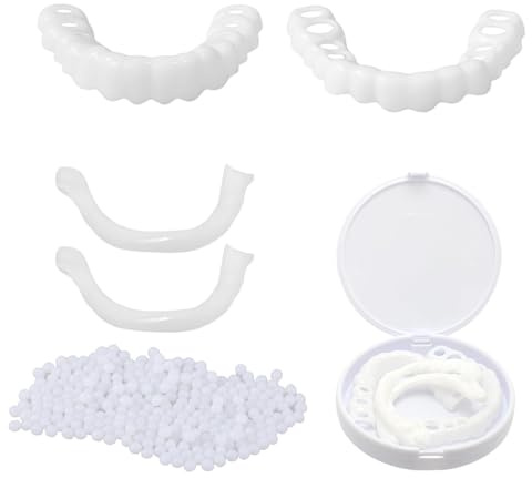 EOYVAIL Zahnersatz-Reparatursets,50 g weiße Perlen zum Füllen temporärer Zahnreparaturen, Zahnkleber + 1 Paar Ober- und Unterkieferprothesen + 2 Stück Zahnkleberstreifen
