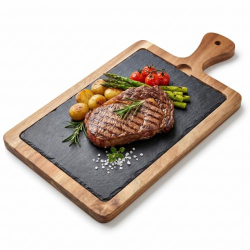Servierbrett aus Holz mit Schieferplatte – 34x18 cm – Käseplatte, Frühstücksbrett, Tapasplatte, Schneidebrett aus Akazienholz, ideal zum Servieren & Dekorieren–hochwertiges Holzbrett für Küche & Gäste