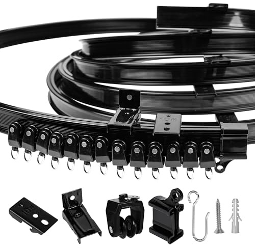 Flexible Ceiling Curtain Track System – 12ft Bendable Ceiling Mounted Curtain Rail for Room Divider, Bay Window, RV, Corner or Angled Ceiling – Sliding Track Kit with Gliders, Hooks & Brackets - Black